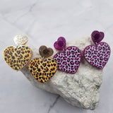 Glitter Acrylic Double Heart Leopard Heart Earrings Purple