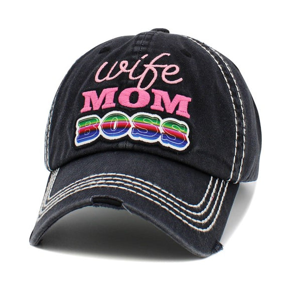 Distressed Baseball Cap Embroidered Wife Mom Boss