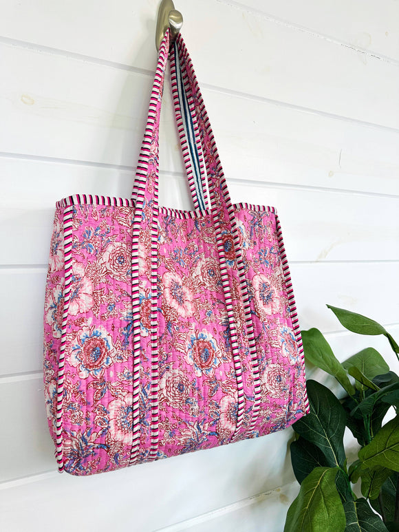 Cotton Quilted Block Print Tote Bag Reversible Pink Floral