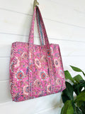 Cotton Quilted Block Print Tote Bag Reversible Pink Floral