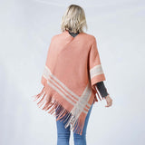 Pink Knit Poncho With Contrast Detail and Tassel Fringe