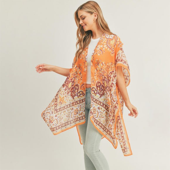 Orange Lightweight Boho Print Kimono Wrap Cover Up