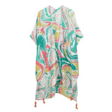 Coral Teal Abstract Print Tassel Kimono Wrap Cover Up
