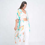 Coral Teal Abstract Print Tassel Kimono Wrap Cover Up