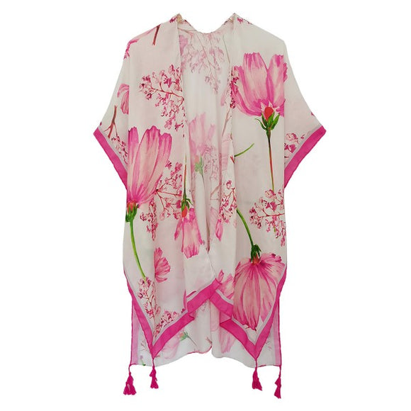 Pink Bordered Painted Flower Boho Tassel Print Kimono Wrap Cover Up