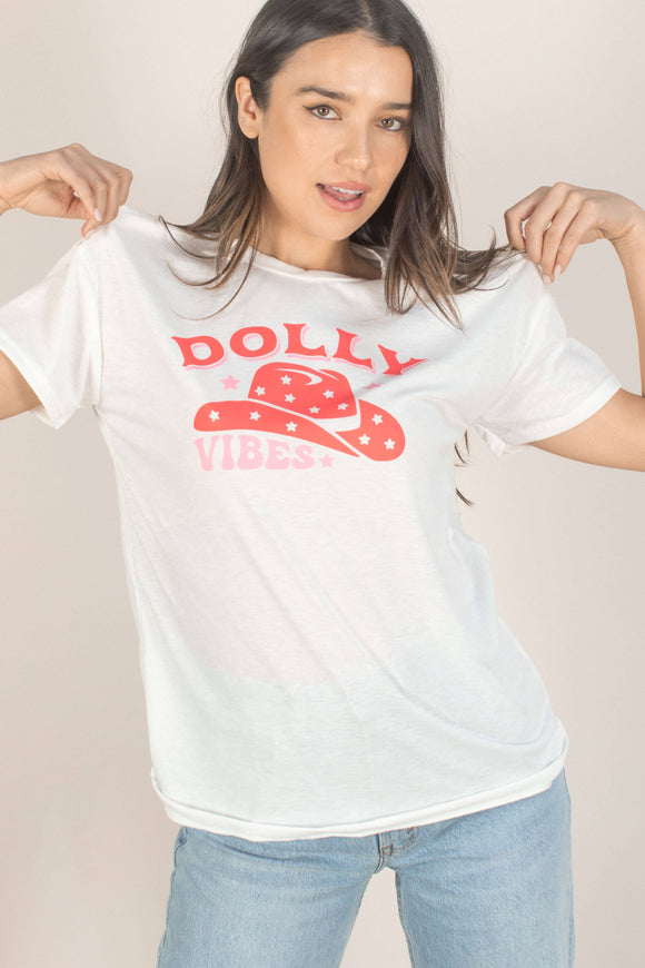 Red Pink Dolly Vibes Cowboy Hat Graphic on White Tee