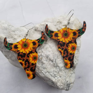 Mixed Printed Sunflower Cow Leather Dangle Earrings Western Southwestern