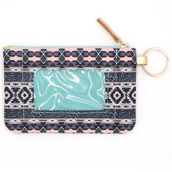 Blue Aztec Print Card ID Holder Keychain With Lanyard
