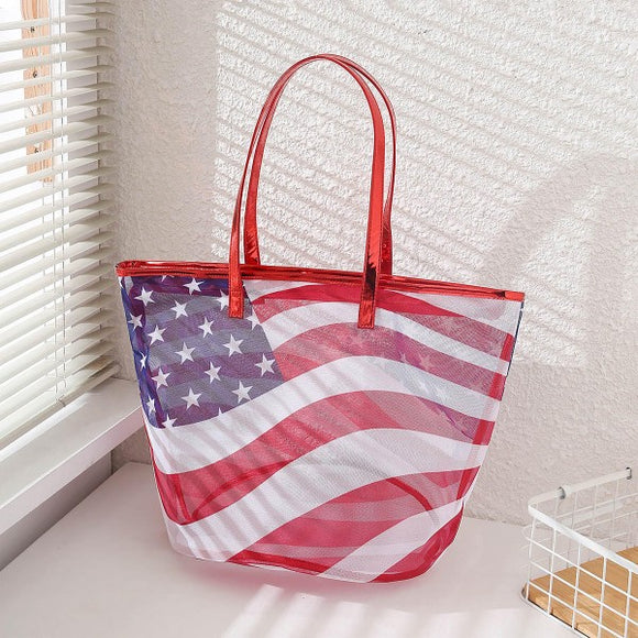 Mesh American Flag Tote Beach Bag With Metallic Red Handles