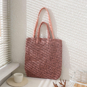 Blush Pink Woven Square Straw Tote Bag With Two Straps