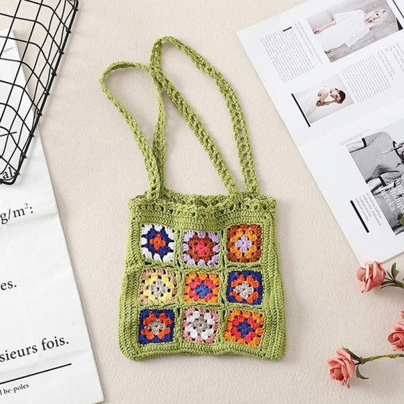 Crochet Granny Square Mini Tote Bag Green