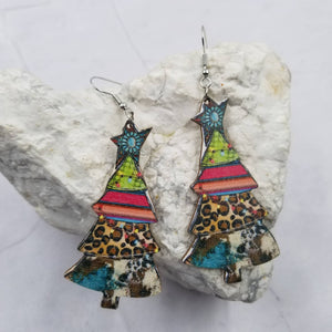 Wooden Mixed Printed Leopard Christmas Tree Earrings