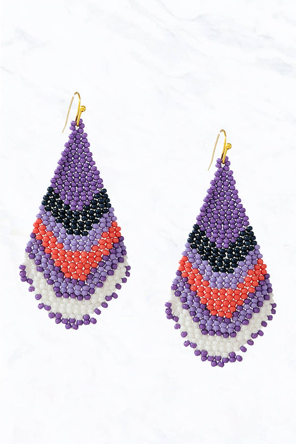 Patterned Seed Bead Fringe Statement Earrings Purple