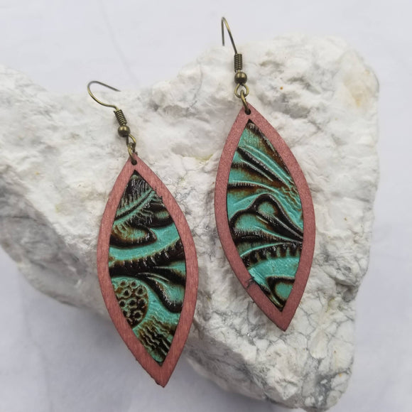 Mixed Media Turquoise Wooden Embossed Leather Dangle Earrings Western Southwestern