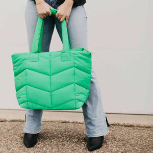 Green Quilted Puffy Puffer Nylon Tote Bag