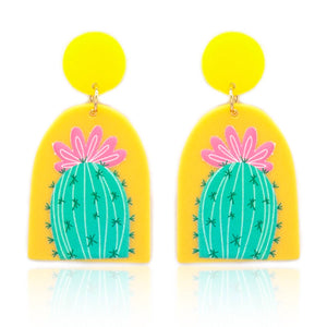 Western Southwestern Cactus Flower Print Drop Dangle Yellow Acrylic Earrings