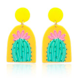 Western Southwestern Cactus Flower Print Drop Dangle Yellow Acrylic Earrings