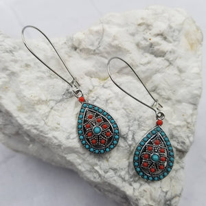 Boho Red Blue Turquoise Beads Drop Dangle Earrings Western Southwestern