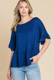 Boat Neck Tiered Ruffle Sleeve Top Ink Blue