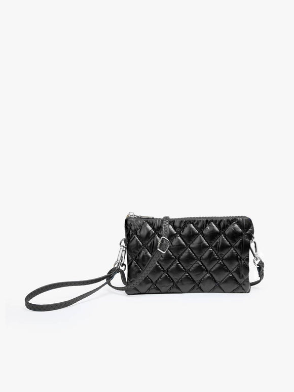 Nylon Puffer Quilted 3 Compartment Convertible Crossbody Wristlet Clutch Black