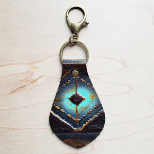 Embossed Leather Key Chain Blue Navajo Design