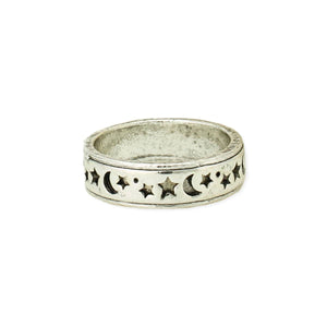 Oh My Moons and Stars Celestial Cut out Burnished Silver Band Ring