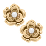 Camelia & Pearl Stud Earring Worn Gold