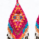 Aztec Pattern Seed Bead Fringe Tassel Statement Earrings Fuchsia