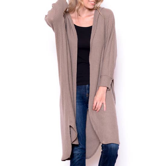 Knit Solid Duster With Hoodie - Mocha