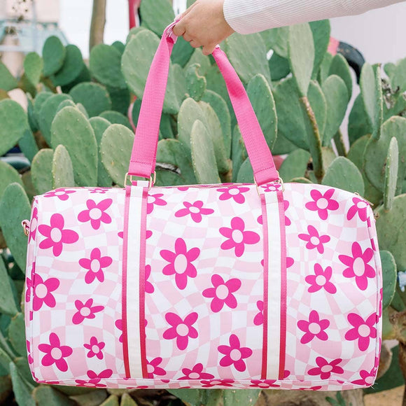 Pink Flower Checkered Travel Weekender Duffle Bag with Crossbody Strap