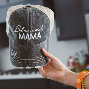 Script Blessed Mama Embroidered Black Distressed Trucker Hat