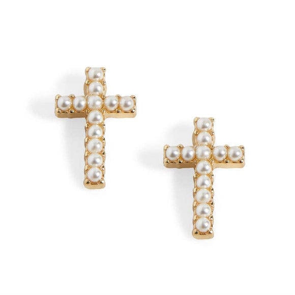 Small Cross w/ Pearls Gold Stud Earrings