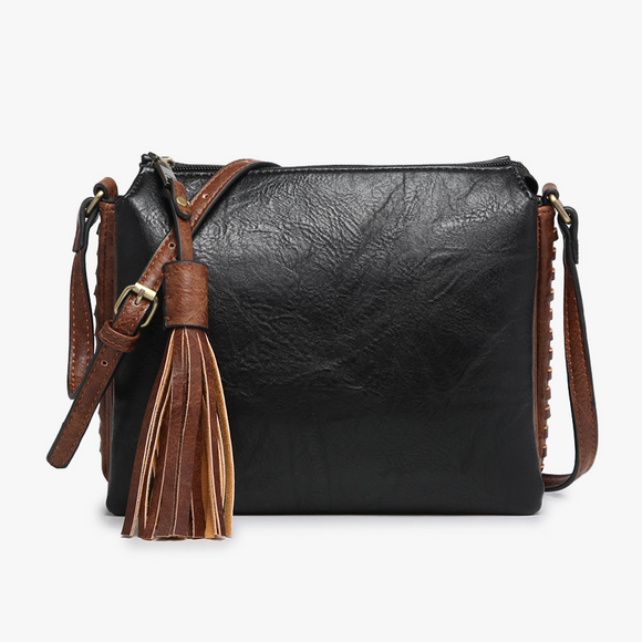 Black with Brown Accents Crossbody with 3 Compartments Tassel