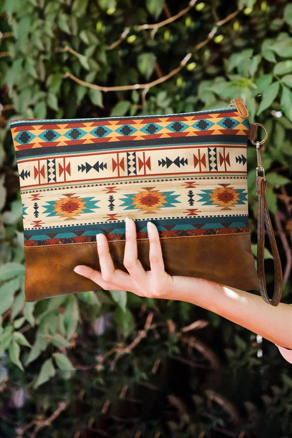 Multicolor Brown Western Aztec Print Clutch Handbag Purse
