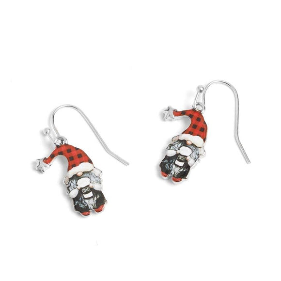 Gnome Dangle Christmas Earrings Red Black Check with Coffee