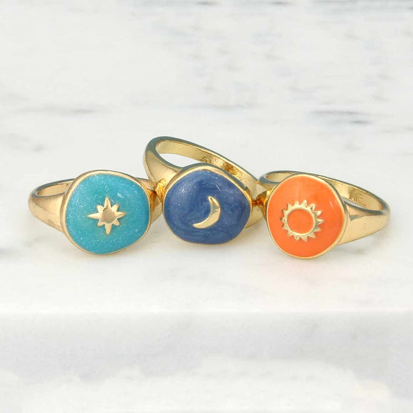 Celestial Enamel Gold Ring Sun Moon Stars