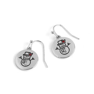 Holiday Silver Disc Dangle Christmas  Earrings Snowman Silver