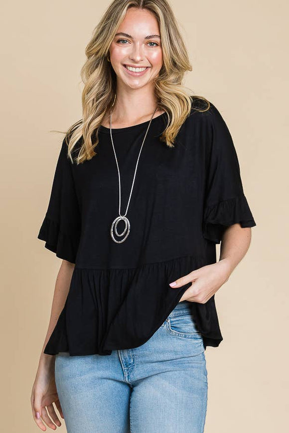 Boat Neck Tiered Ruffle Sleeve Top Black