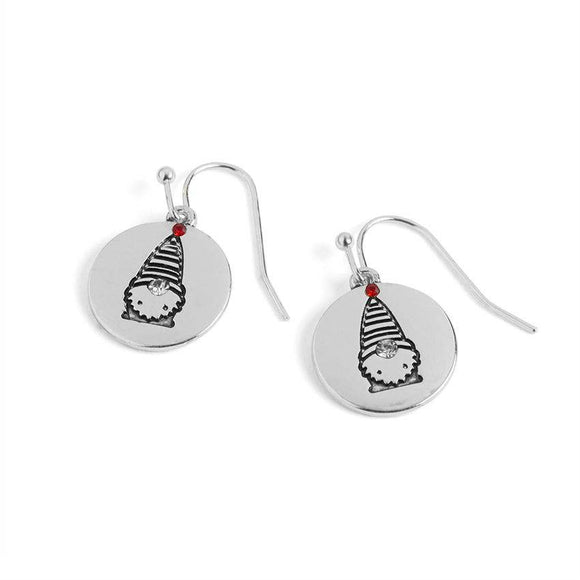Holiday Silver Disc Dangle Christmas Earrings Gnome Silver