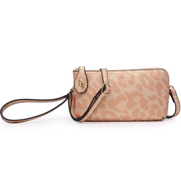 Rose Pink Cheetah Print Crossbody Wristlet Clutch with Twist Lock Closure