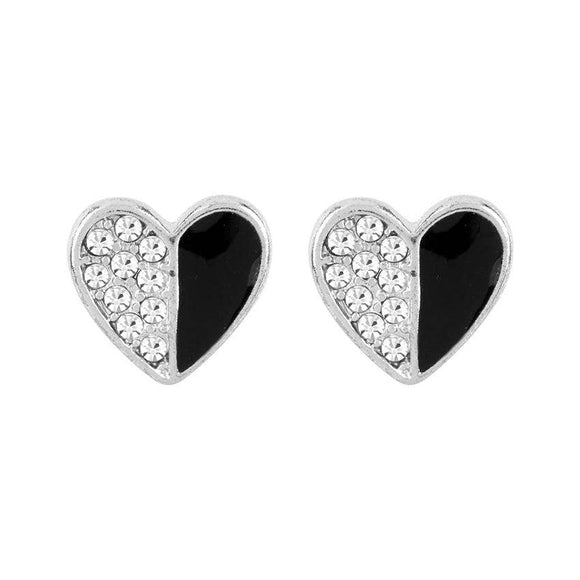 Black Crystal Silver Half Heart Stud Earrings