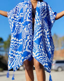 Blue White Geometric Art Boho Kimono Wrap Shawl Cover Up