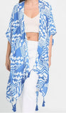 Blue White Geometric Art Boho Kimono Wrap Shawl Cover Up