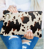 Brown Cream Cow Print Handbag Oversized Clutch Purse