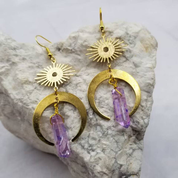 Celestial Sun and Moon Crystal Dangle Earrings