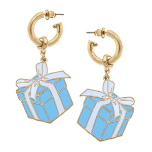 Enamel Present Charm Hoop Drop Earrings in Blue & White