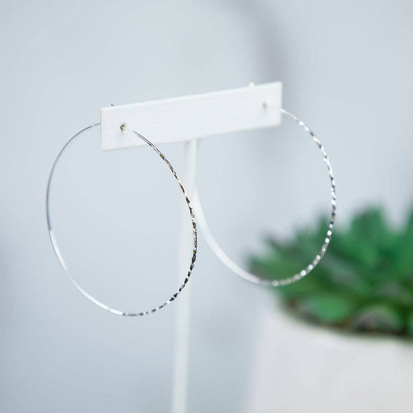 Hammered Thin Wire Hoops Silvertone