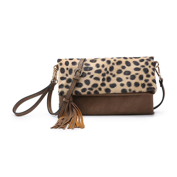 Appaloosa Print Brown Flapover Tassel Crossbody Clutch