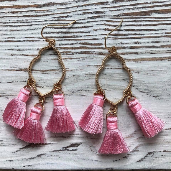 Pink Ava Gold Tassel Drop Dangle Hoop Earrings