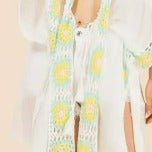 Mint Green Yellow Crochet Trim Boho Kimono Wrap Coverup